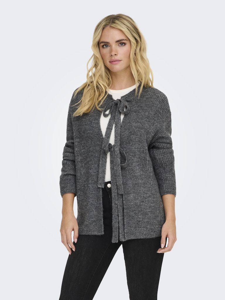 DREA O-NECK TIE CARDIGAN - DARK GREY MELANGE