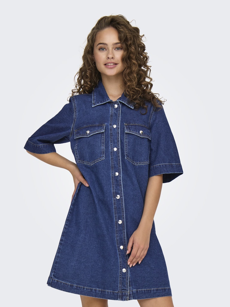 BELLE BUTTON DENIM DRESS - DARK BLUE DENIM