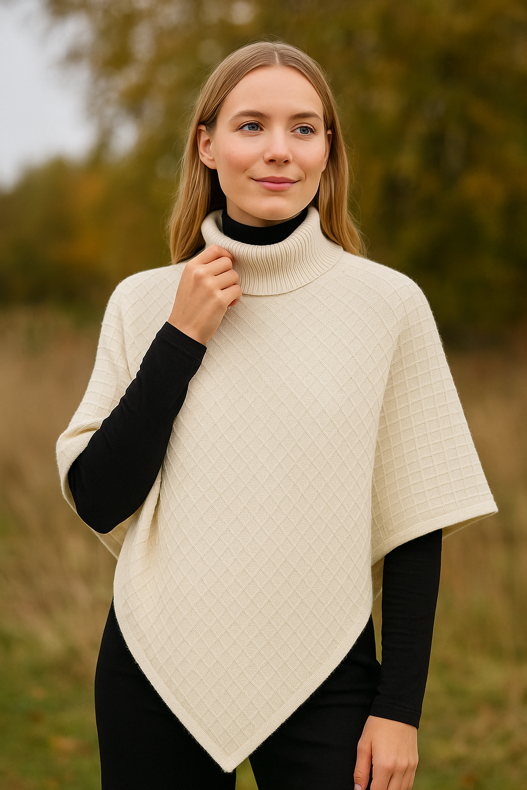 Poncho - Strik med Rullekrave - 2603B Off. White