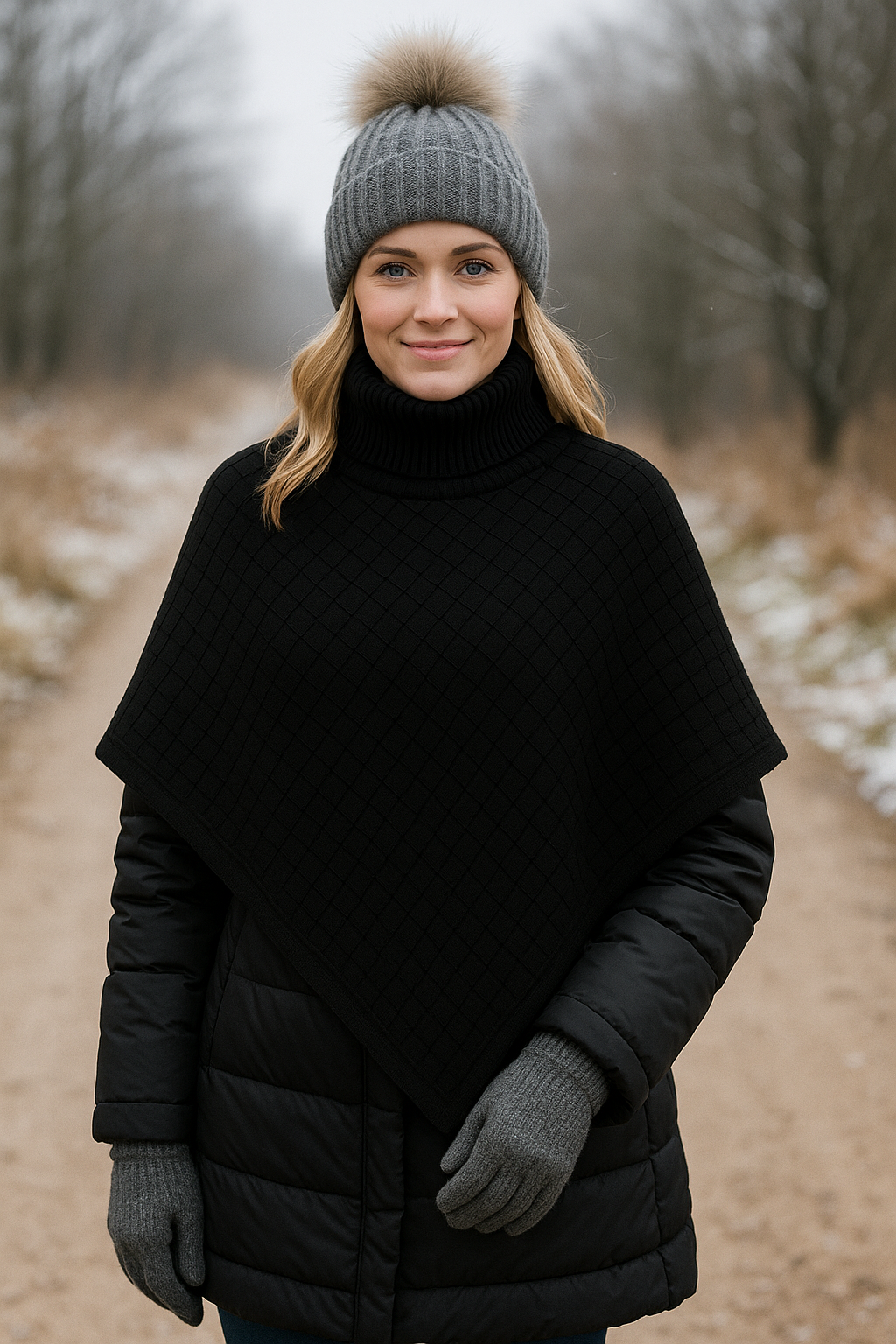 Poncho - Strik med Rullekrave - 2603B Black
